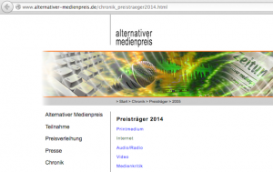 Website des 'Alternativen Medienpreises 2014'. Screenshot: a.i.d.a.